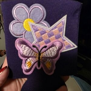 Purple Koozie with Butterfly and Flower Patches